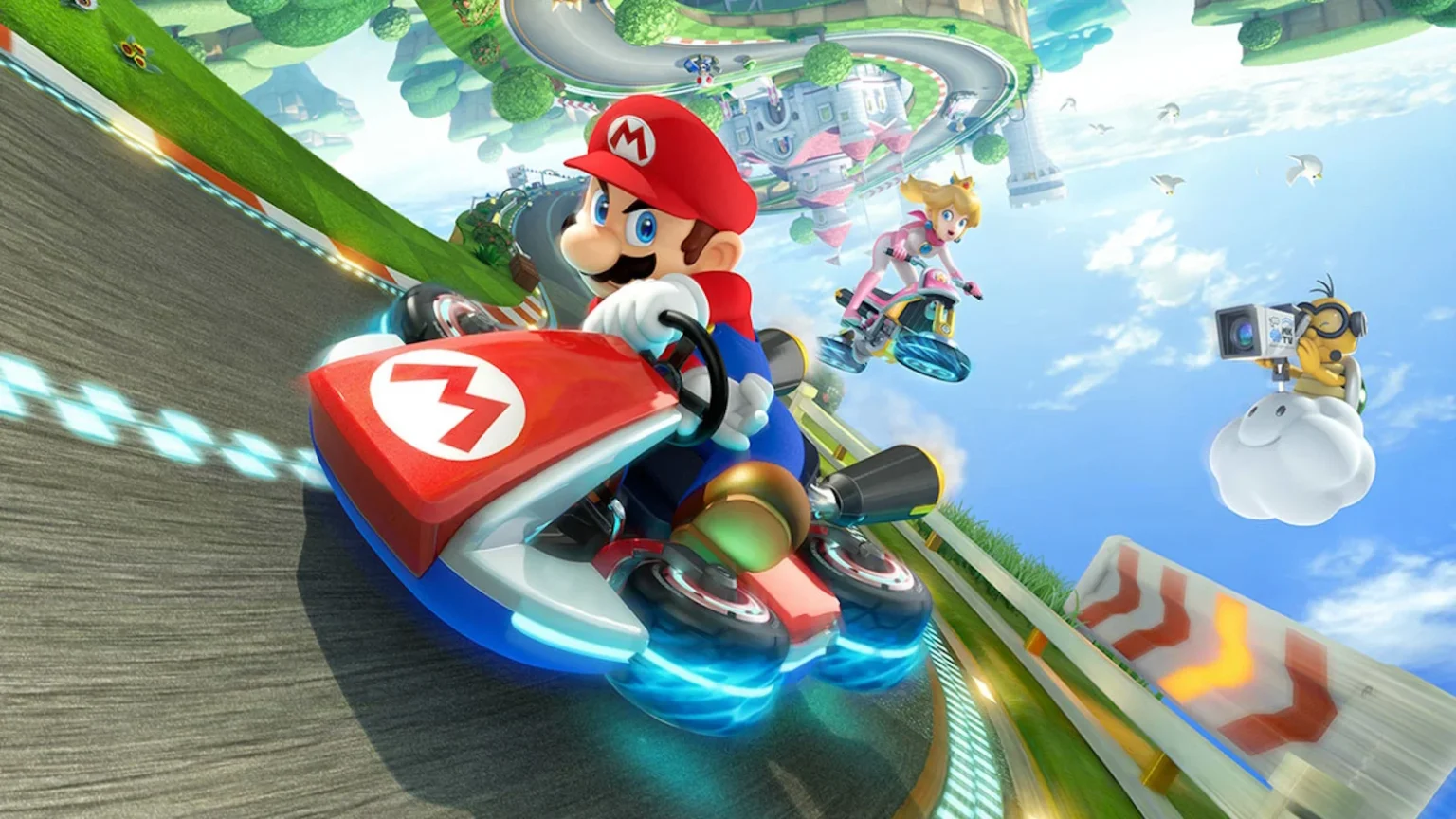 Mario Kart 8 Deluxe race in progress with karts drifting around a colourful track, illustrating an article on concurrent player counts, sales figures and Twitch statistics for 2026.