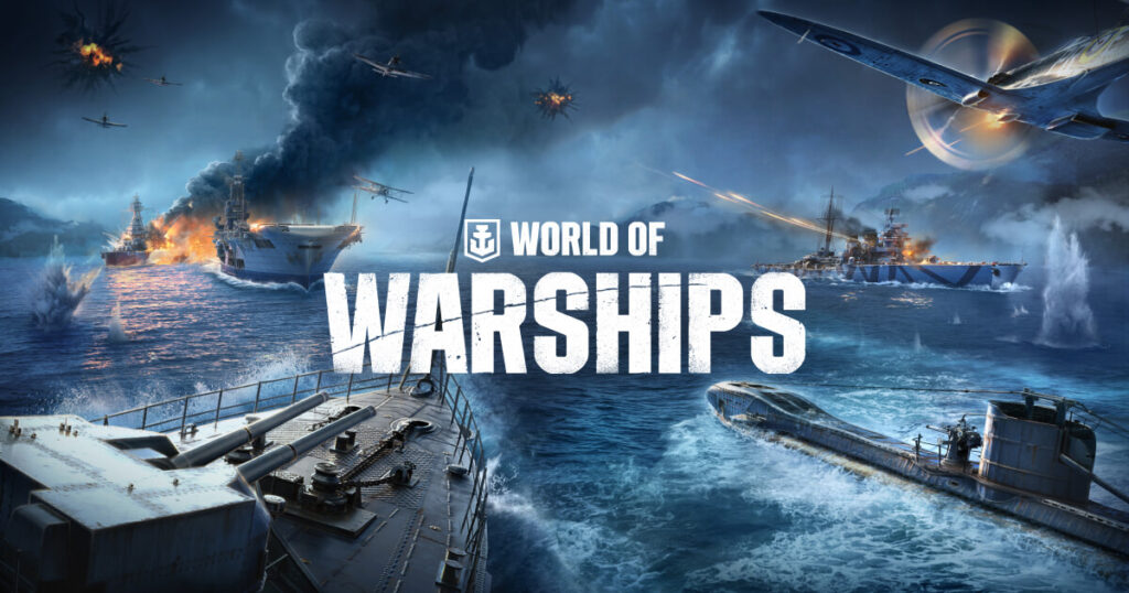 World of Warships Player Count And Statistics 2026 World of Warships naval battle with warships firing across open sea, illustrating an article on live player counts, monthly peaks, regional interest and Twitch viewership statistics for 2026.